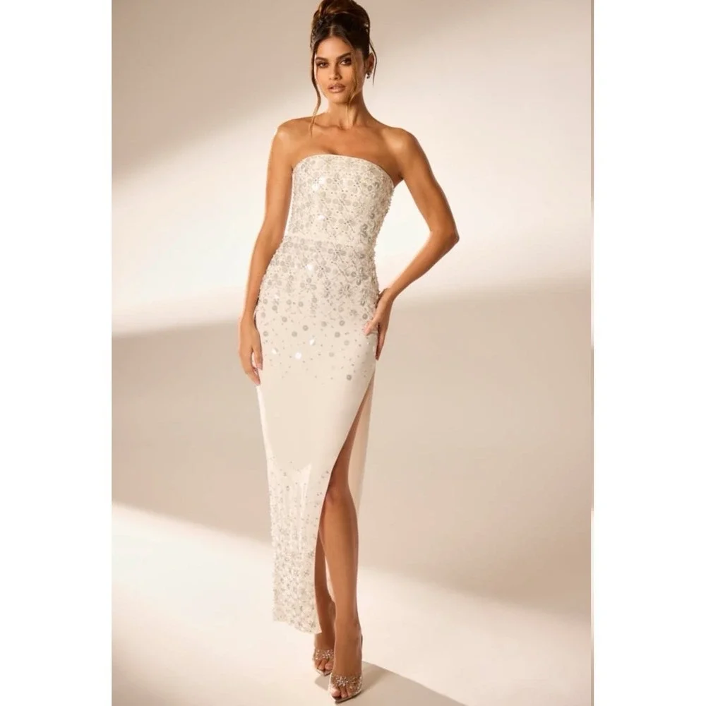 Oh Polly Alcyone Ivory White Hand Embellished Bandeau Corset Maxi Dress US 0
